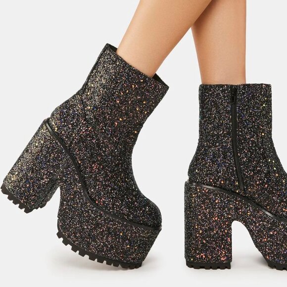 YRU Black Multi-Glitter Platform Ankle Boots - Picture 2 of 9